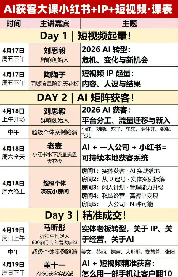 AI获客大课小红书 IP 短视频3天2夜线下课，用最真实的一线案例，最前沿的AI工具，最有效的流量打法